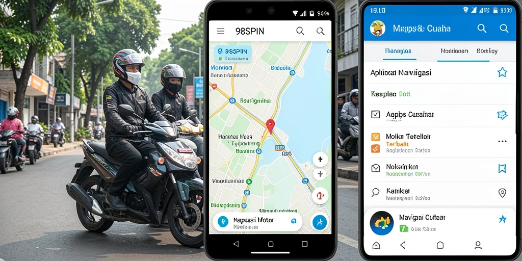 Antarmuka aplikasi 98SPIN menampilkan rute navigasi motor yang jelas dan informatif.