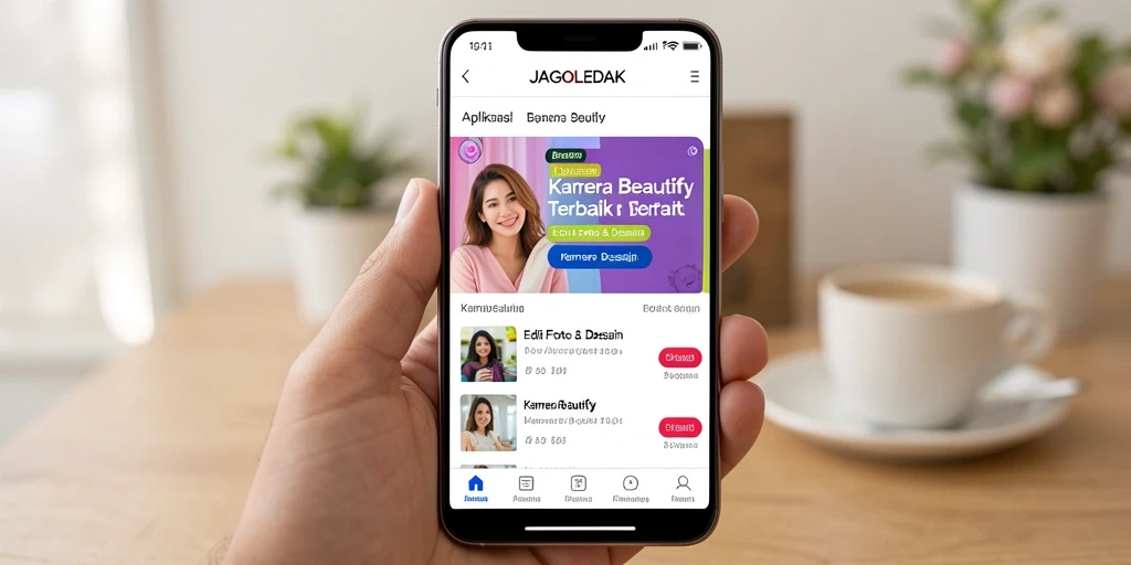 Screenshot JAGOLEDAK menampilkan antarmuka aplikasi Kamera Beautify yang interaktif.